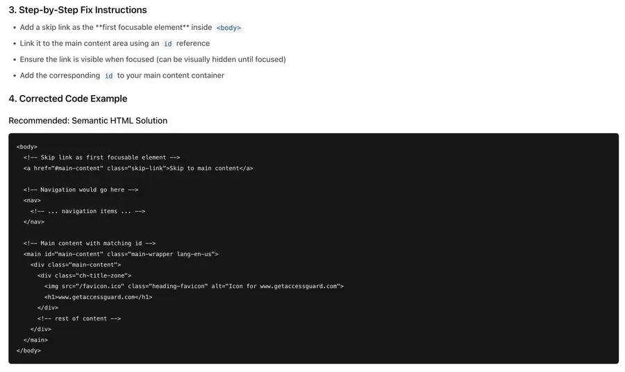 AI-generated fix showing step-by-step instructions to resolve an accessibility issue
