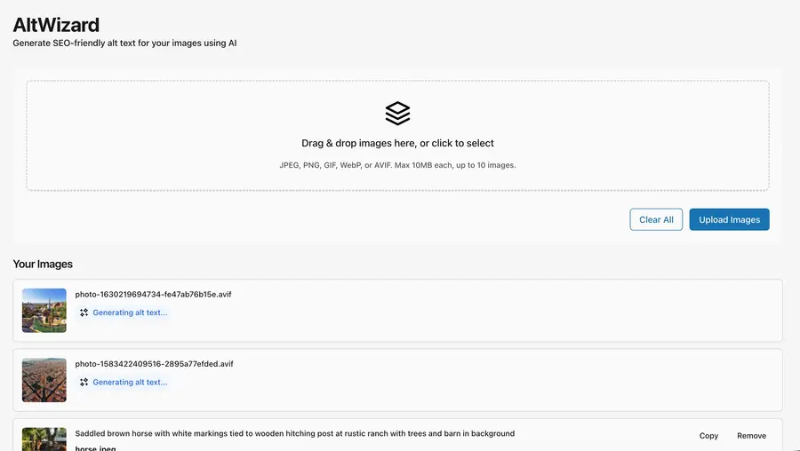 AltWizard tool showing drag-and-drop image upload and AI-generated image descriptions