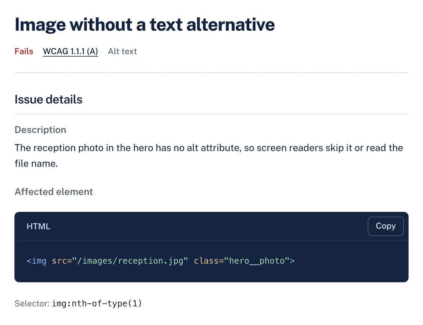 A alt text finding in AccessGuard with its severity, WCAG criterion, description and the affected HTML element