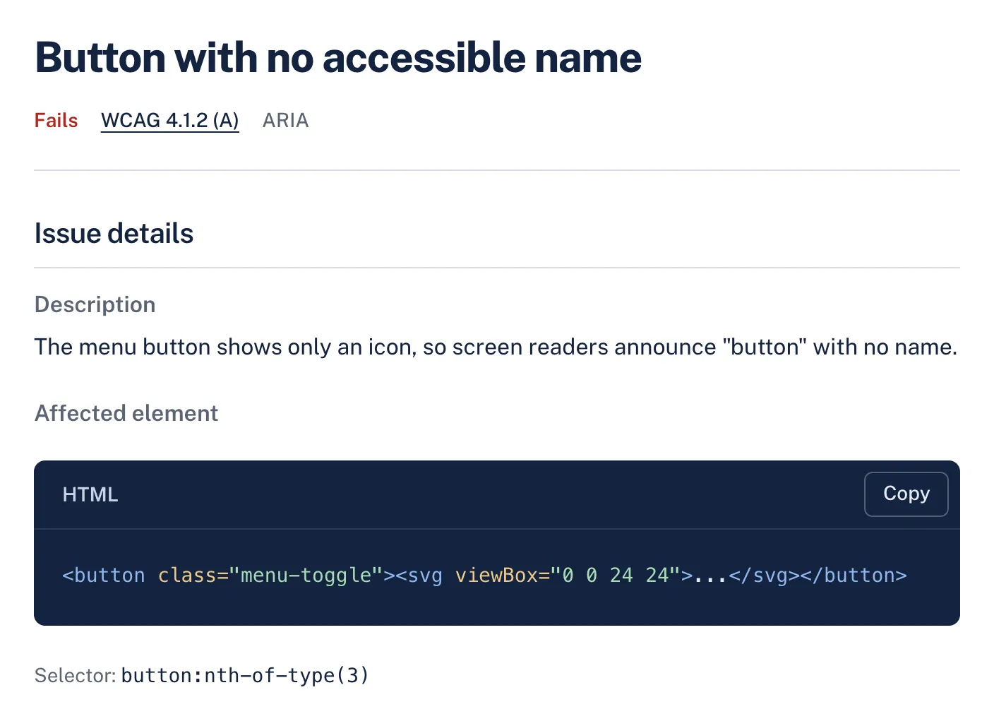 A aria finding in AccessGuard with its severity, WCAG criterion, description and the affected HTML element