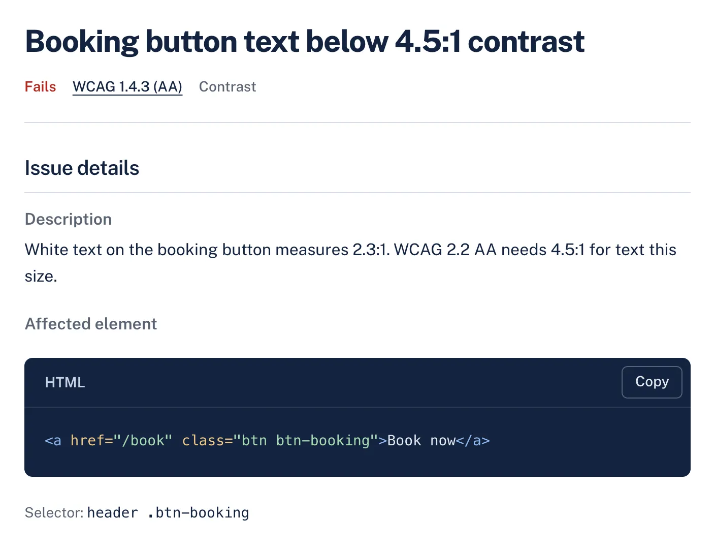 A color contrast finding in AccessGuard with its severity, WCAG criterion, description and the affected HTML element