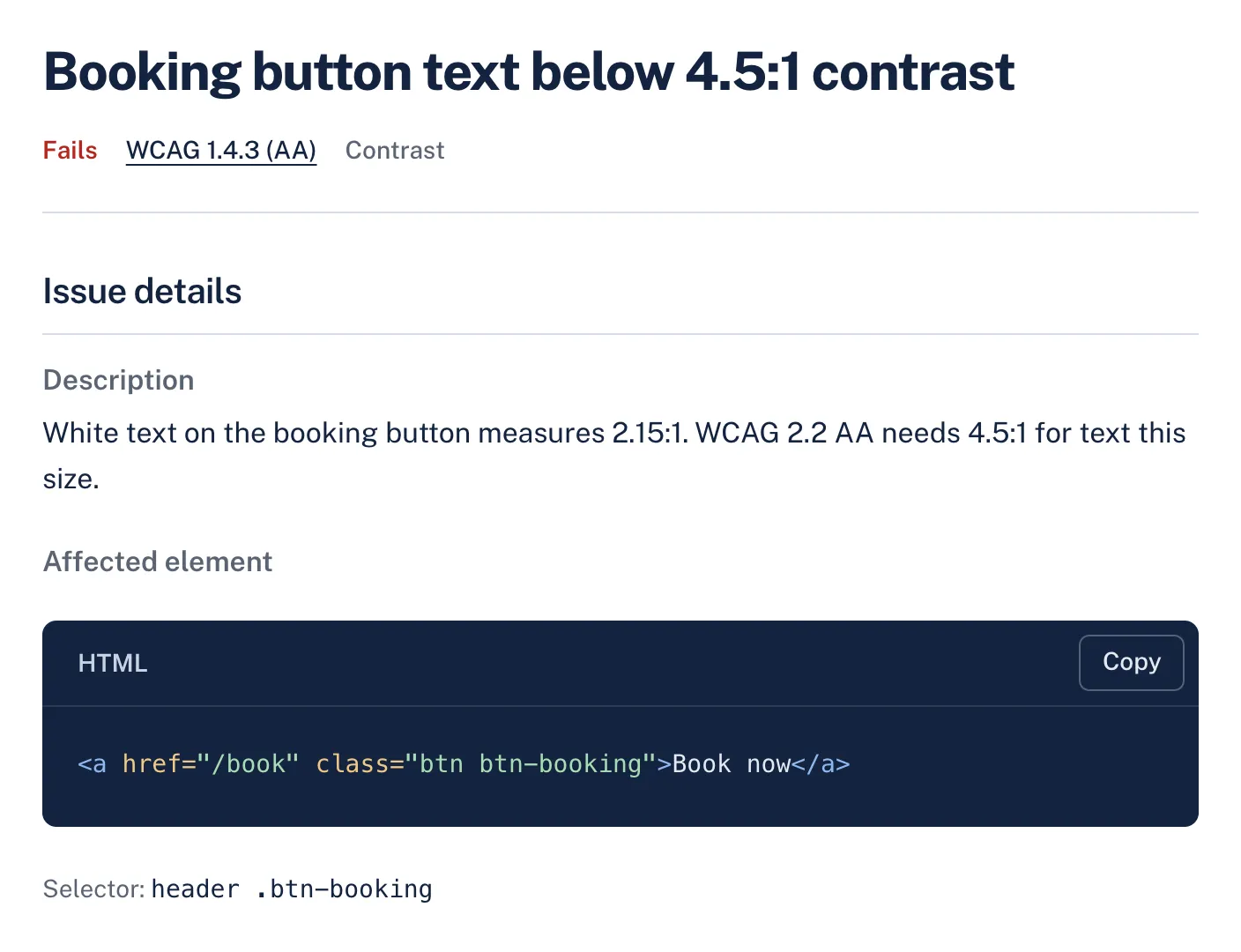 A color contrast finding in AccessGuard with its severity, WCAG criterion, description and the affected HTML element