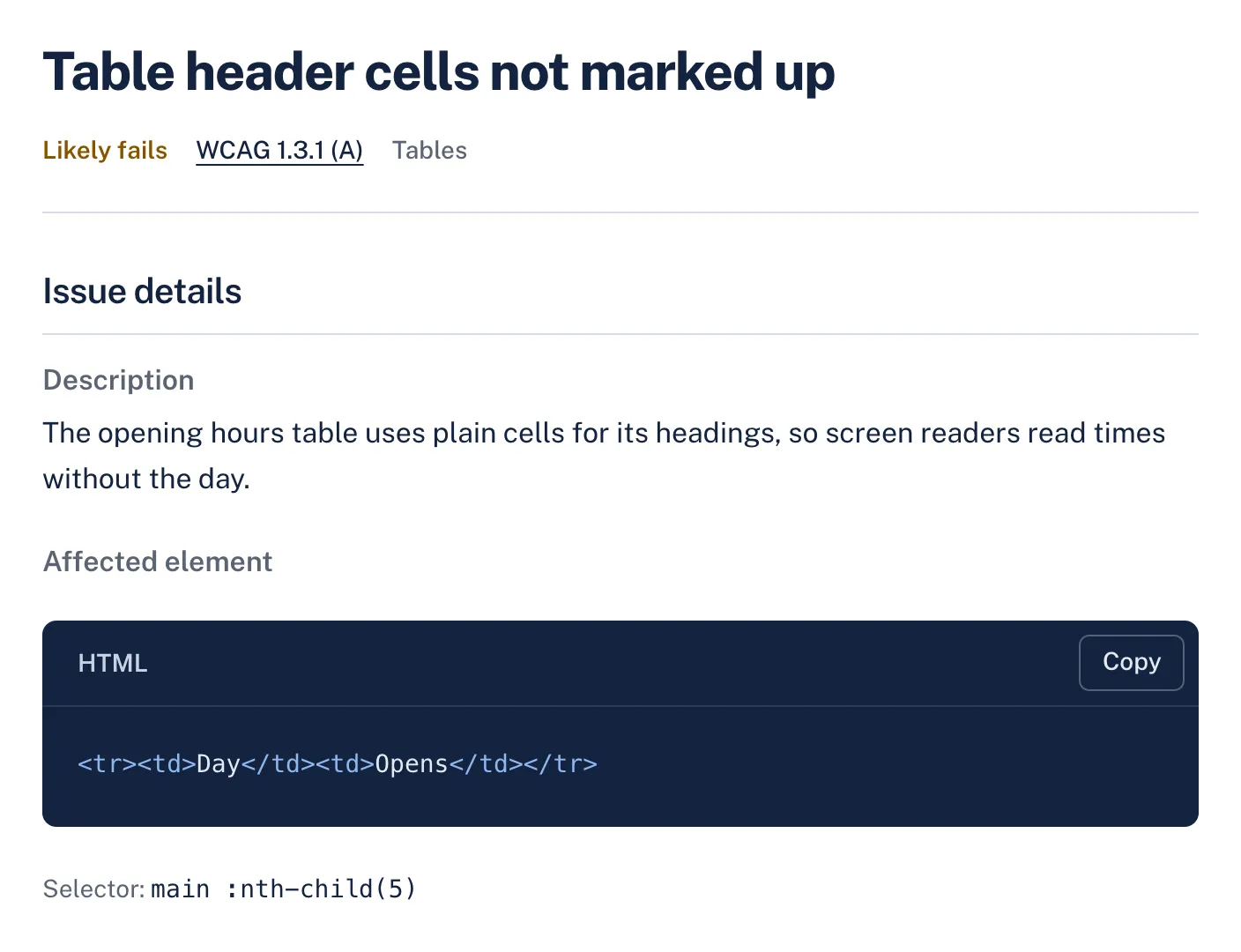 A data tables finding in AccessGuard with its severity, WCAG criterion, description and the affected HTML element