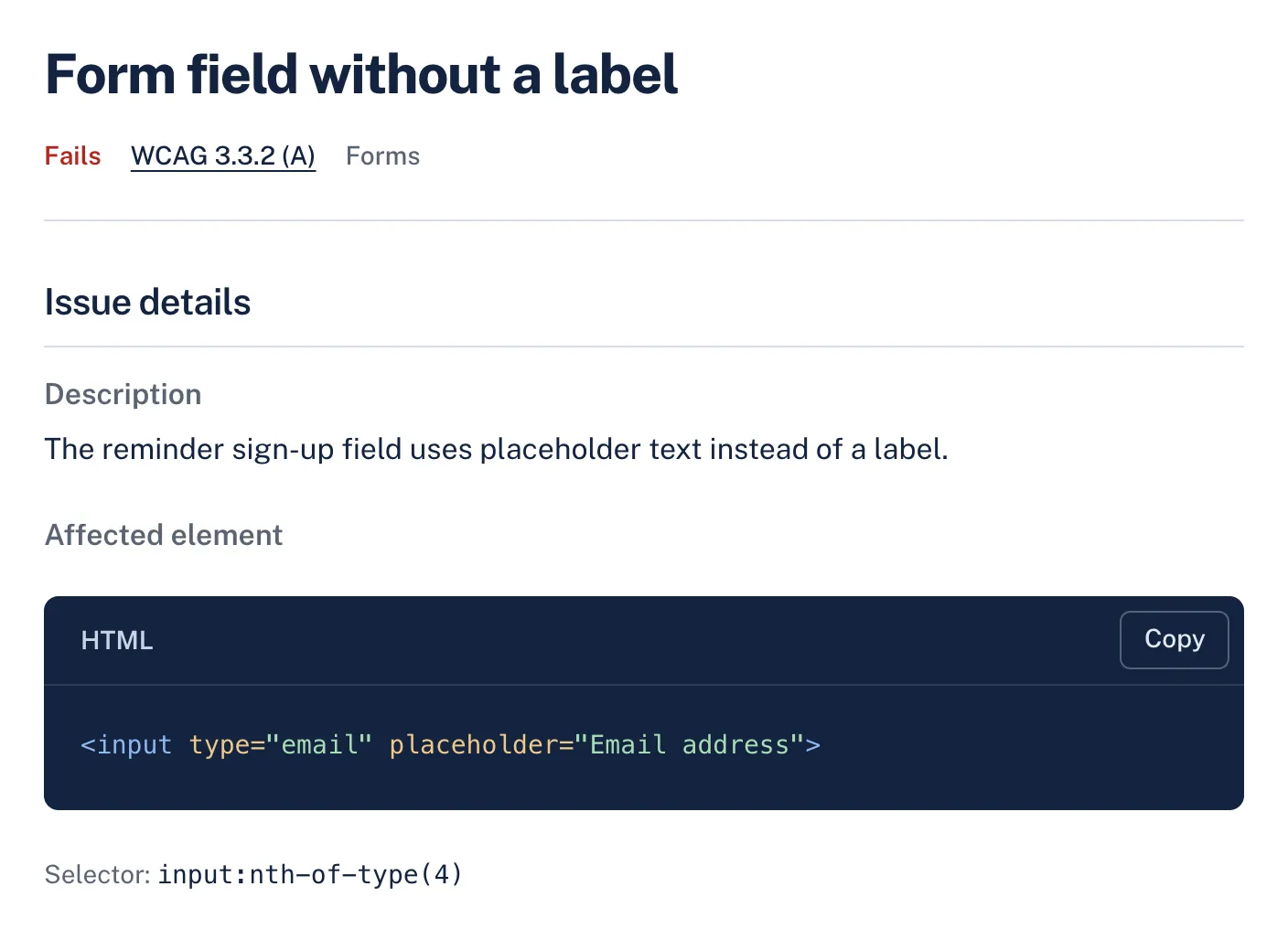 A form labels finding in AccessGuard with its severity, WCAG criterion, description and the affected HTML element