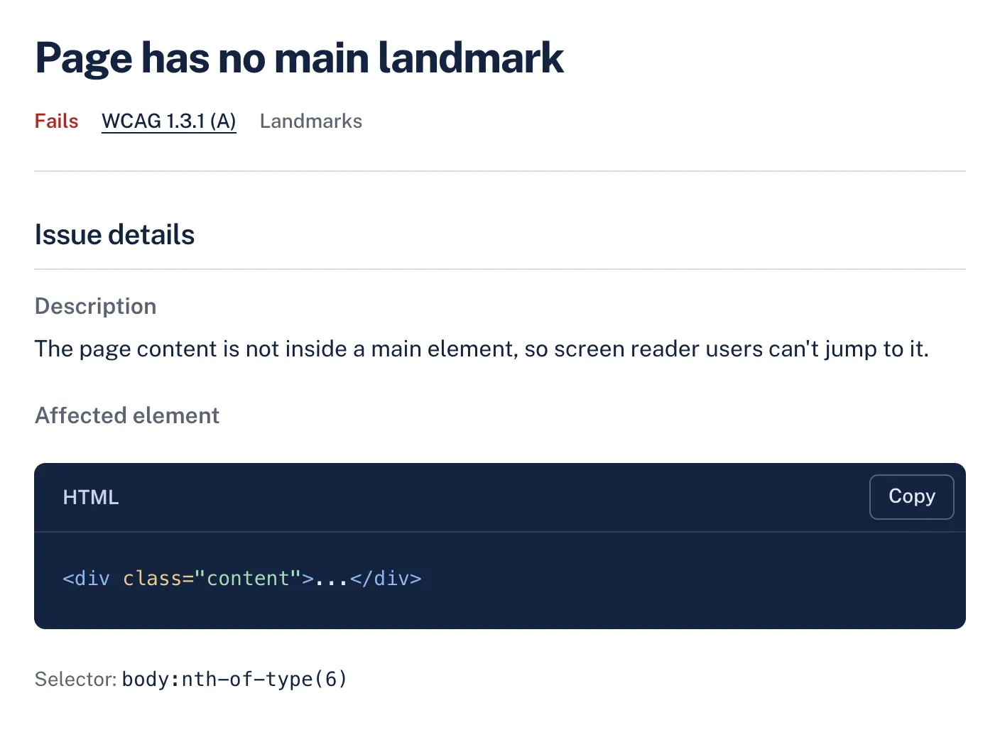 A headings and landmarks finding in AccessGuard with its severity, WCAG criterion, description and the affected HTML element