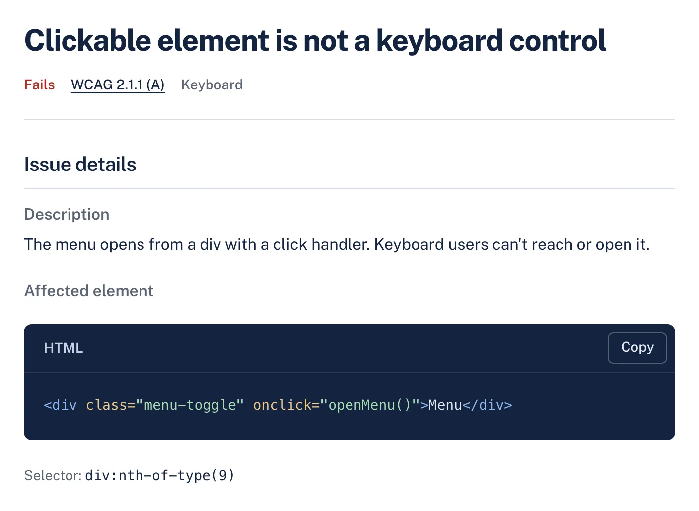 A keyboard and focus finding in AccessGuard with its severity, WCAG criterion, description and the affected HTML element