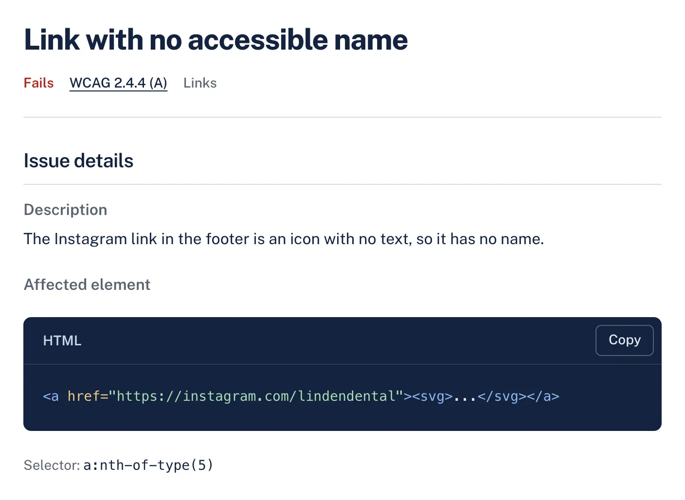 A link text finding in AccessGuard with its severity, WCAG criterion, description and the affected HTML element