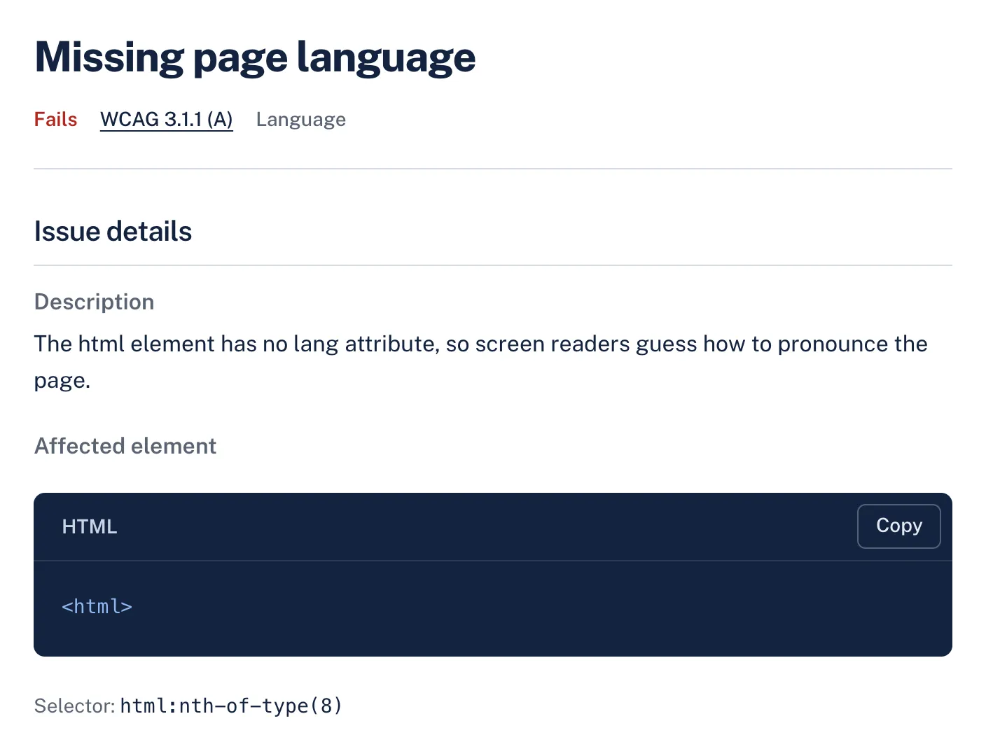 A page language and title finding in AccessGuard with its severity, WCAG criterion, description and the affected HTML element