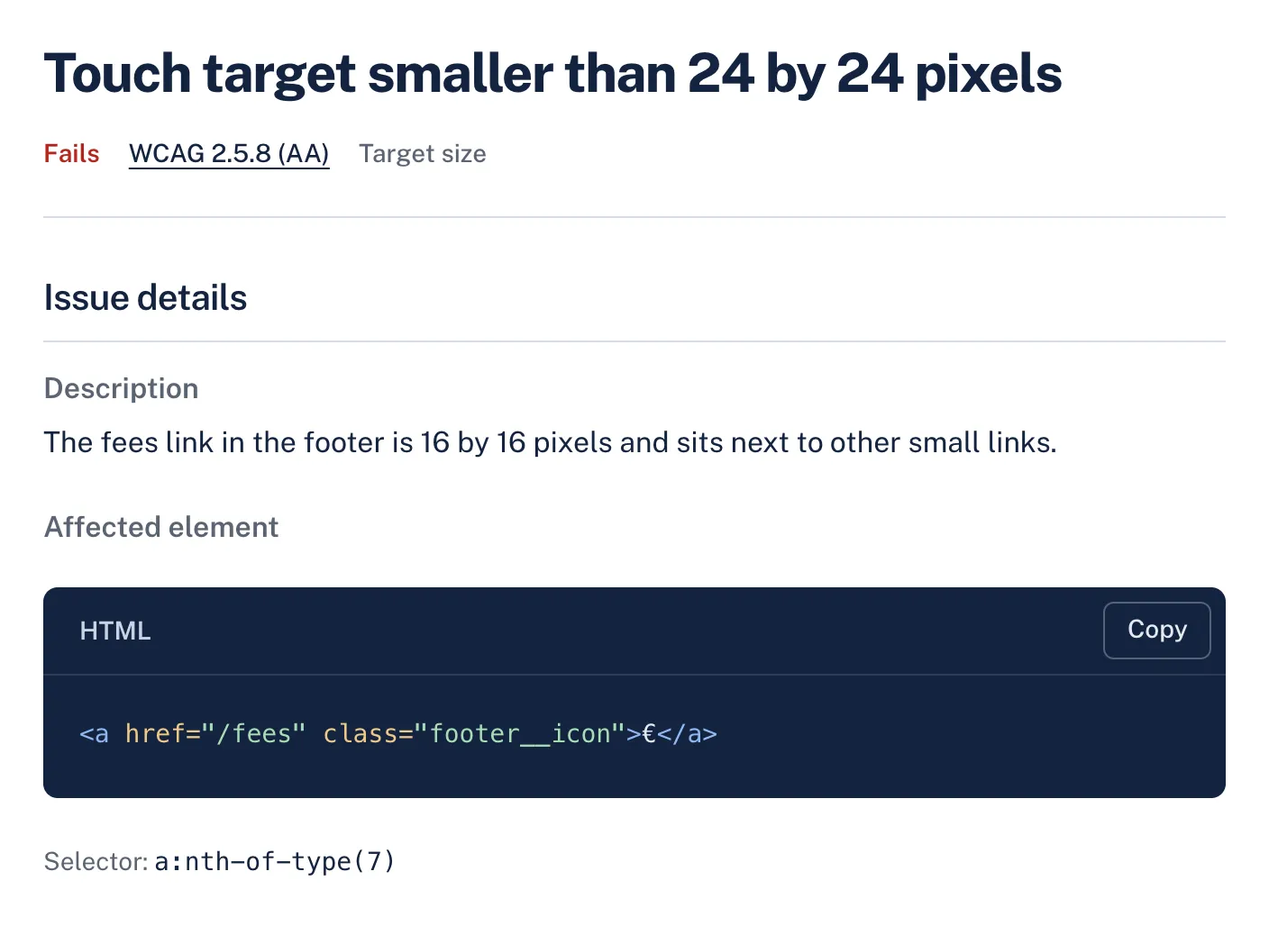 A target size finding in AccessGuard with its severity, WCAG criterion, description and the affected HTML element