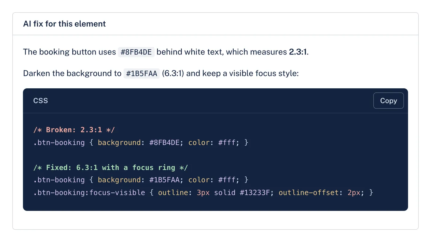 An AI fix in AccessGuard for a booking button with low contrast: the explanation, the broken and fixed CSS, and a matching HTML change