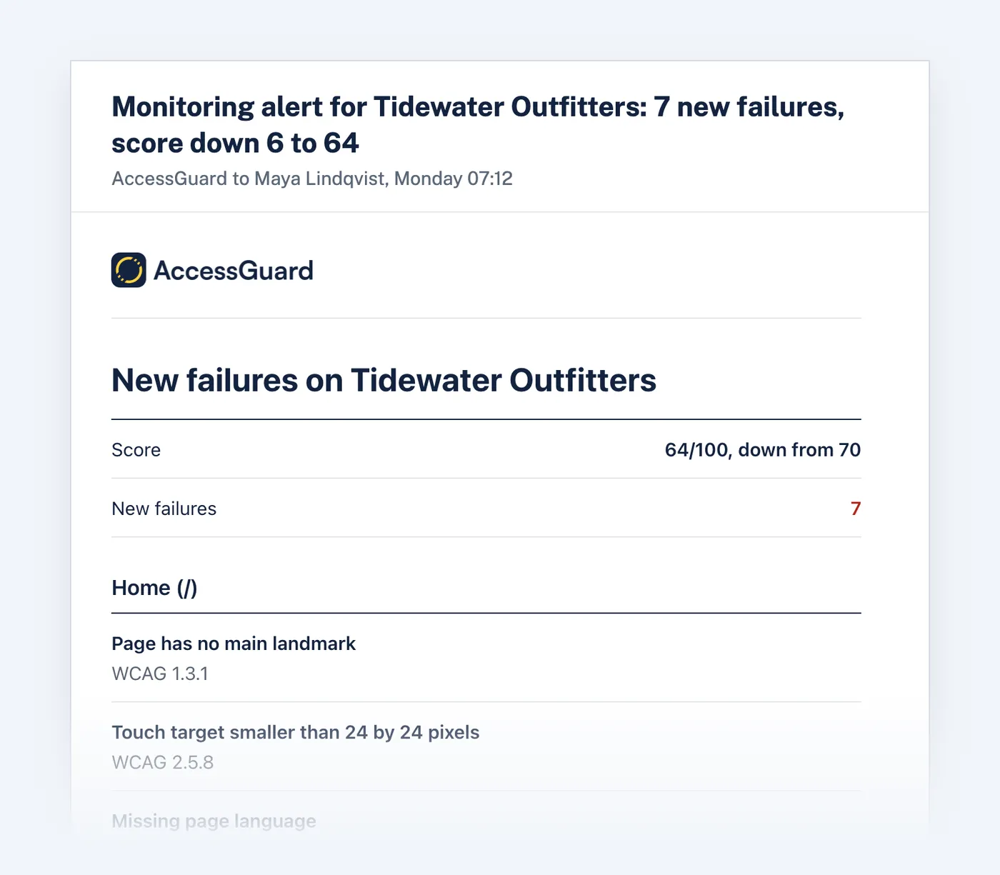 A monitoring alert email: Tidewater Outfitters has 7 new failures and its score dropped from 70 to 64
