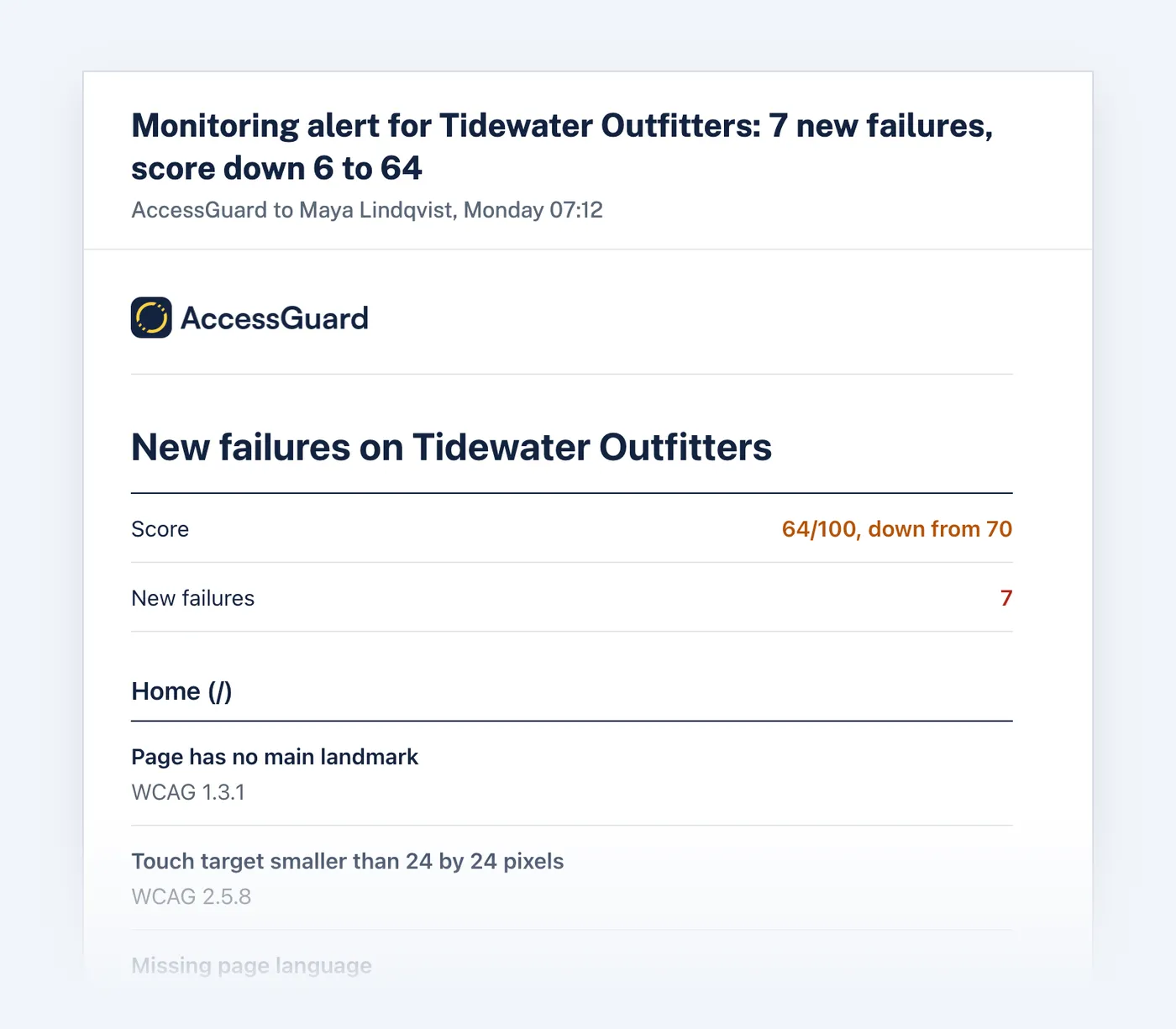 A monitoring alert email: Tidewater Outfitters has 7 new failures and its score dropped from 70 to 64