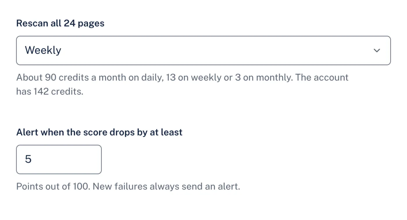 Monitoring settings for Linden Dental Care: 24 pages rescanned weekly for about 13 credits a month, with an alert when the score drops by 5 points