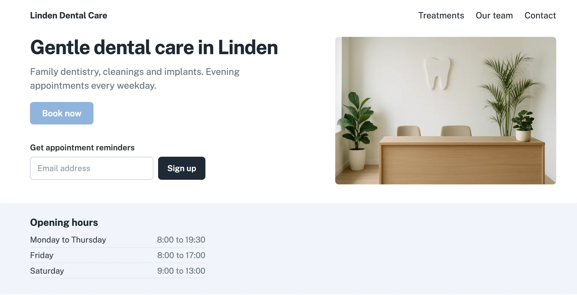 The Linden Dental Care home page, scanned: the booking button, the reception photo and the email field are each outlined and numbered
