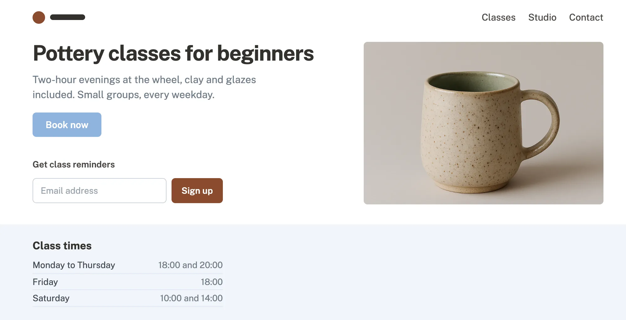 Accessibility audit example of a pottery class web page with four WCAG failures marked: a low-contrast Book now button, a stoneware mug photo without alt text, an unlabelled email field and faint grey text