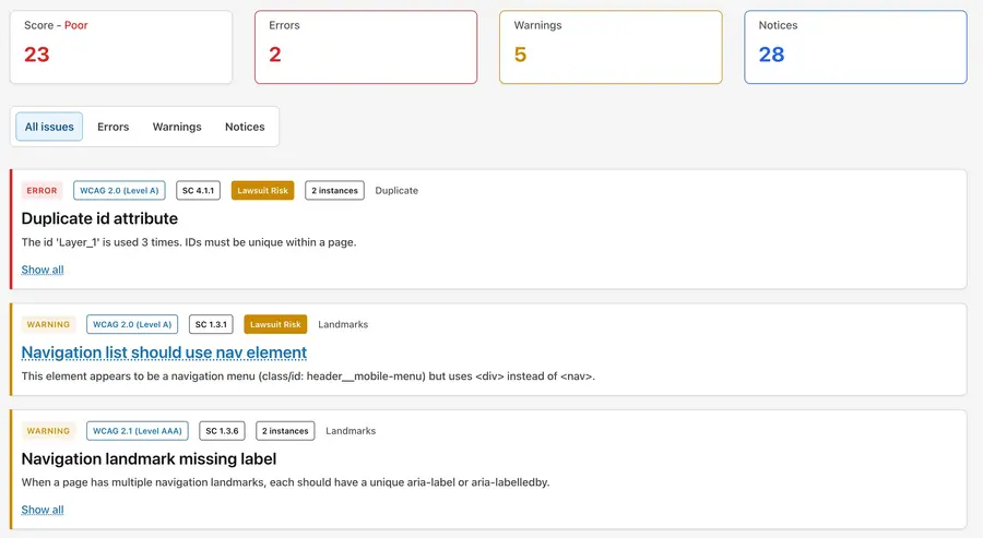 AccessGuard scan results showing accessibility issues ranked by lawsuit risk