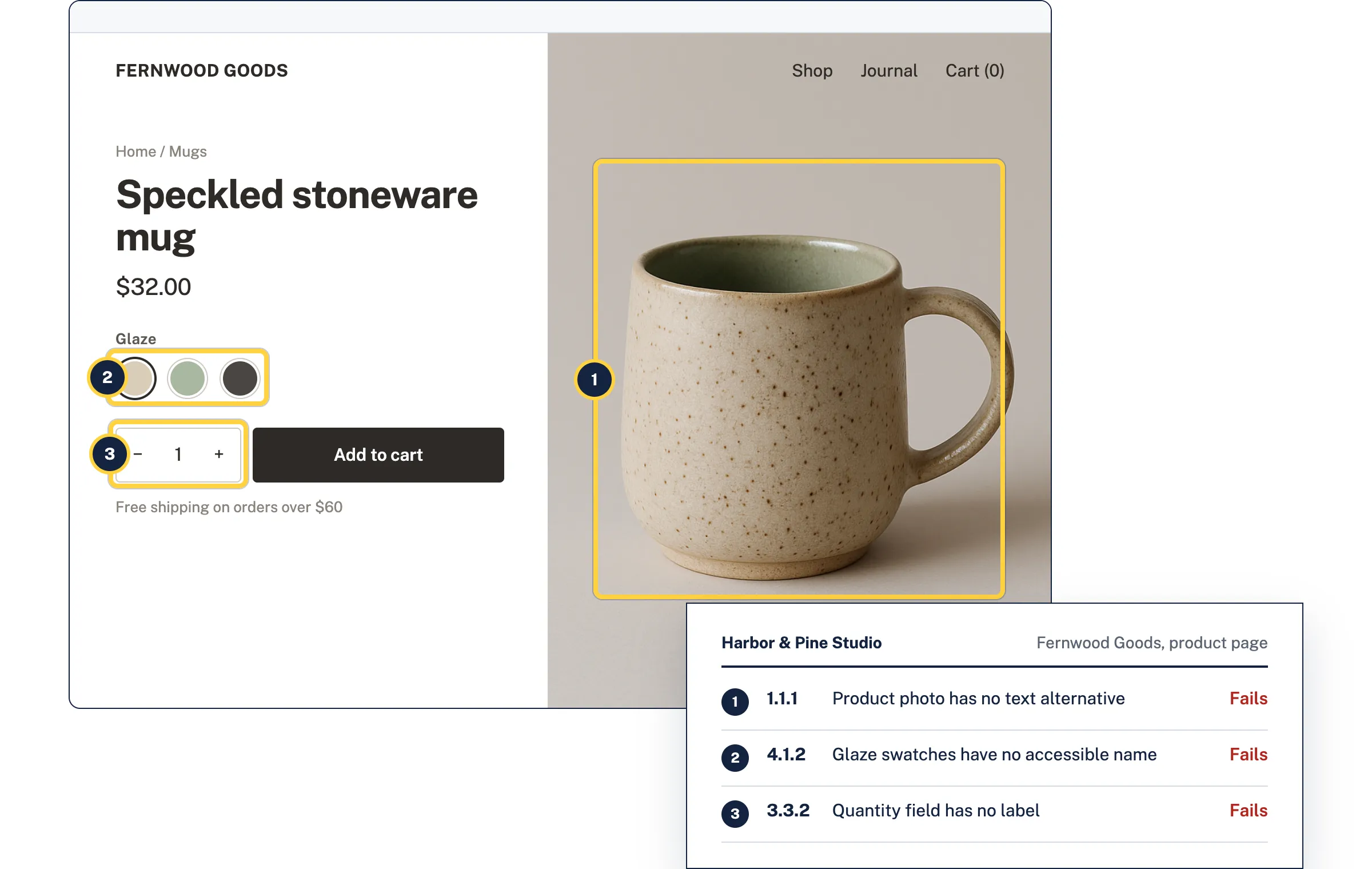 A client's Shopify product page for a stoneware mug with three failures outlined, next to the matching rows of the agency's report for WCAG 1.1.1, 4.1.2 and 3.3.2
